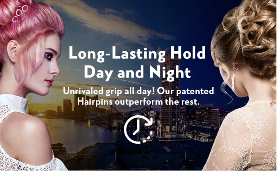 présentant deux coiffures, promettant une tenue longue durée de jour comme de nuit. Le texte revendique une adhérence inégalée et des épingles à cheveux brevetées surpassant leurs