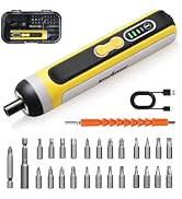 Ensemble de tournevis professionnels avec manche jaune et noir, comprenant plusieurs embouts interchangeables et un étui de rangement illustré sous différents angles.