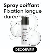 Le texte indique « Spray coiffant ». Illustration simple en ligne noire d'un flacon pulvérisateur avec indicateurs de mouvement circulaires.
