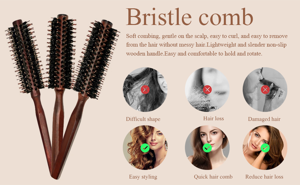 Peignes à trois poils ronds avec manches en bois. L'image comprend des instructions d'utilisation et des avantages pour différents types de cheveux.