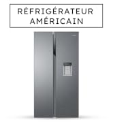 Le texte indique « REFRIGERATEUR AMERICAIN ». Réfrigérateur côte à côte moderne au fini gris métallisé avec distributeur d'eau/glace sur la porte.