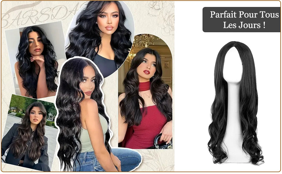 Plusieurs images de longues perruques noires ondulées. La photo du produit montre une perruque sur la tête du mannequin. Texte en français visible.