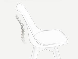 Dessin au trait simple ou croquis d'une chaise moderne en blanc, montrant une assise et un dossier incurvés avec un support ergonomique pour la colonne vertébrale
