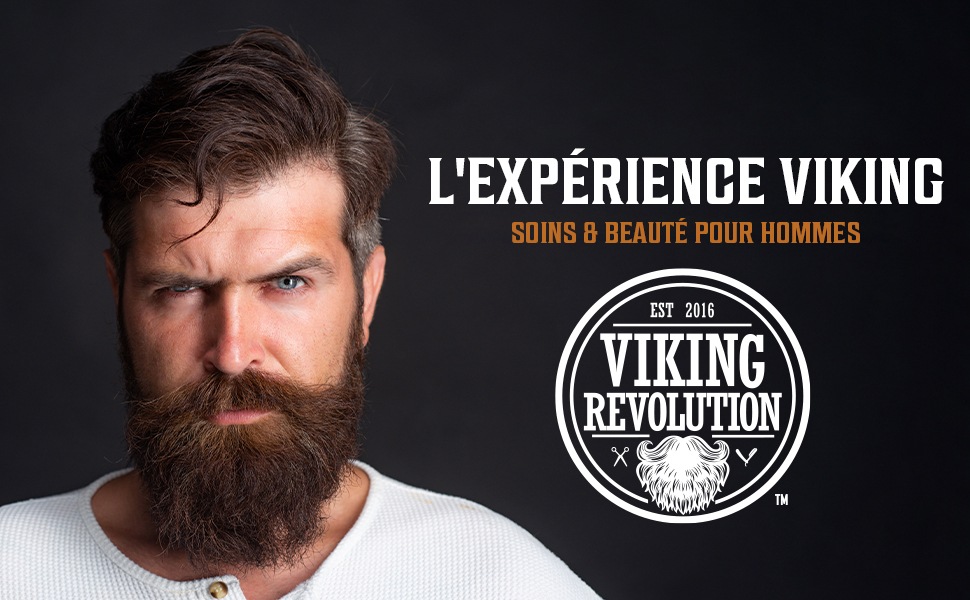 Publicité de produits de soins pour hommes mettant en vedette un homme barbu. Le texte indique « L'EXPÉRIENCE VIKING » et « SOINS & BEAUTÉ POUR HOMMES ». Logo Viking Revolution visible.