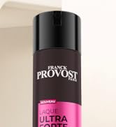 Le texte indique « FRANCK PROVOST » et « ULTRA ». Bombe aérosol noire avec des éléments de design décoratifs roses.