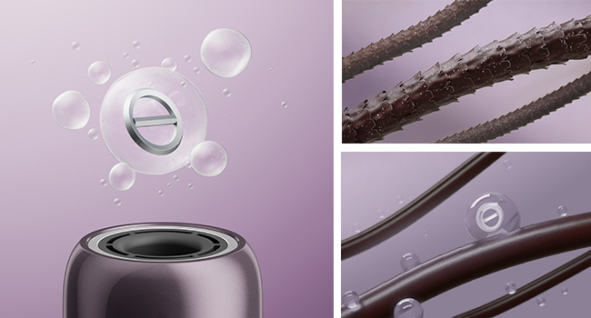 Série de photos de produits montrant le processus d'application du mascara avec des vues rapprochées de la brosse et des cils, démontrant la technique d'application et la texture du produit.