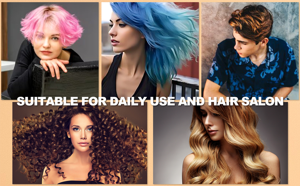 Collage de cinq images présentant des couleurs et des styles de cheveux éclatants. Le texte indique « CONVIENT À UN USAGE QUOTIDIEN ET AU SALON DE COIFFURE », ce qui indique la polyvalence des produits capillaires