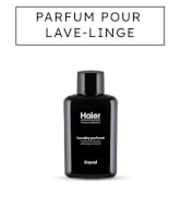 Le texte indique « PARFUM POUR » et « LAVE-LINGE ». Flacons de parfum ou de parfum noirs sur fond blanc avec un design et un texte minimalistes.