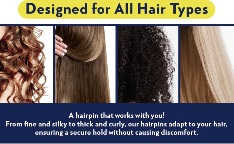 Publicité d'accessoires pour cheveux montrant différents types de cheveux : bouclés, raides, frisés et ondulés. Le texte affirme qu'il est conçu pour tous les types de cheveux.