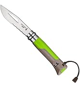 avec inserts de poignée vert citron brillant et lame argentée. Dispose d'un clip métallique et semble avoir un mécanisme à anneau de verrouillage de style Opinel