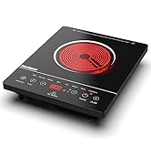 avec zone de chauffage circulaire rouge, panneau d'affichage numérique et commandes tactiles sur surface noire