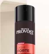 Le texte « FRANCK PROVOST FORTE » sur un contenant de produit cylindrique noir est illustré sous plusieurs angles.