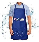 avec poche avant contenant des outils colorés et un smartphone. Des gouttelettes d'eau et des éclaboussures entourent le tablier, démontrant ses