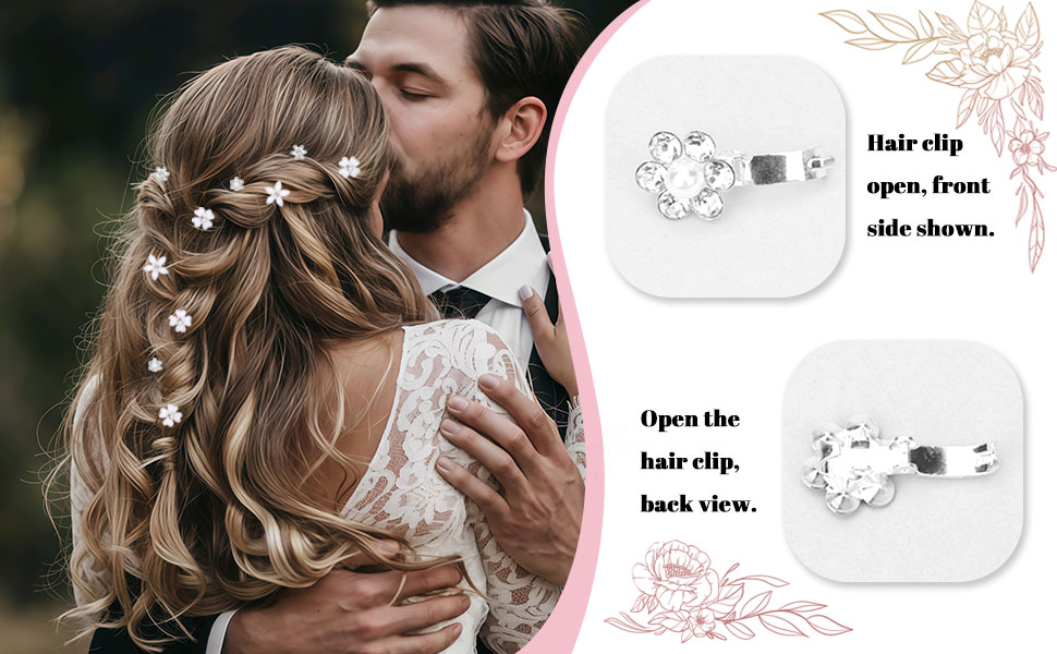 Images de démonstration du produit représentant des pinces à cheveux décoratives blanches, avec texte : « Pince à cheveux ouverte du côté montré » et « Ouvrez la pince à cheveux, vue arrière »