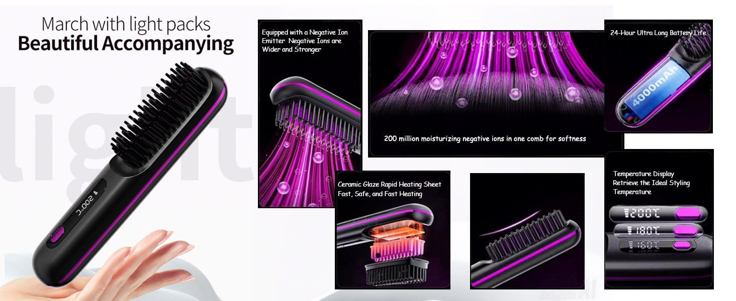 avec éclairage LED violet, montrant plusieurs vues de la tête de brosse noire et différents modes d'éclairage en action.