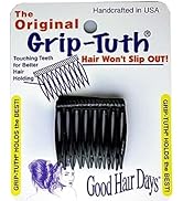 Le texte se lit comme suit : « L'original », « Fabriqué à la main aux États-Unis », « Original Grip Tutti », « Les cheveux ne glisseront pas ! ». Pince à cheveux en plastique noir avec poignée striée.