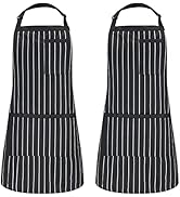 Deux tabliers de cuisine identiques noirs et blancs à fines rayures avec bretelles réglables et poches frontales