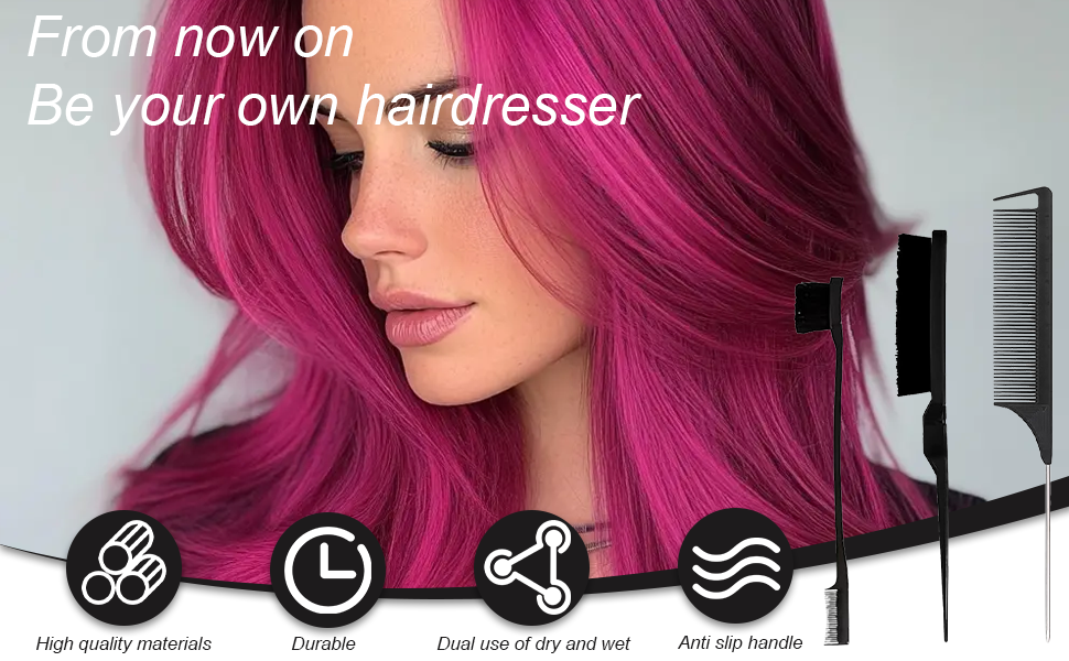 montrant des cheveux magenta éclatants avec des icônes d'outils de coiffage, notamment des symboles de protection thermique, de synchronisation et de motif ondulé.