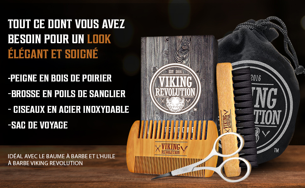 comprenant un peigne en bois, une brosse en poils de sanglier, des ciseaux en acier et un sac de voyage. Le texte met en valeur le look élégant et la marque Viking Revolution.