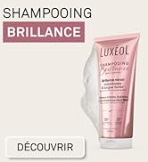 Le texte indique « SHAMPOOING », « BRILLANCE », « DÉCOUVRIR ». Images de produits montrant des produits de soins capillaires emballés en rose avec des motifs blancs et roses.