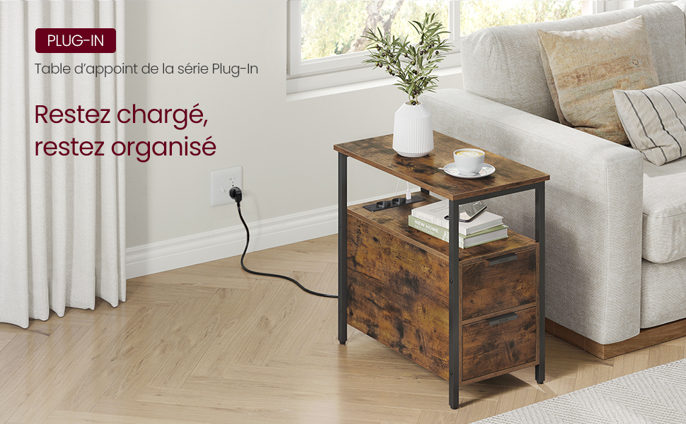 avec capacité de recharge. Construction en bois et en métal, tiroir de rangement et prise de courant intégrée.