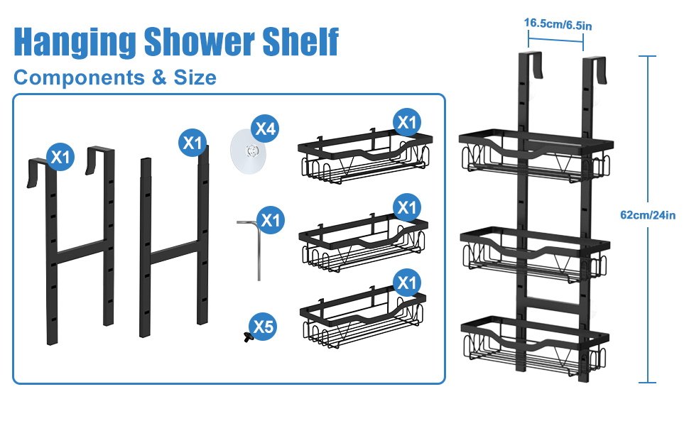 . Montre l'assemblage d'un cadre en métal noir avec trois étagères en forme de panier métallique. Comprend des mesures : 62 cm/24 pouces de hauteur, 16,5 cm/6,5 pouces de profondeur. Indique la quantité de chaque pièce nécessaire.