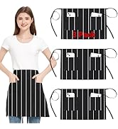 Plusieurs vues de produits montrant un tablier de cuisine à rayures noires et blanches avec bretelles et poches réglables. Les photos de modèles montrent les options d'ajustement et de style.