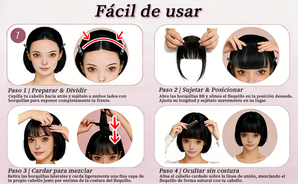 El texto dice «Fácil de usar». Diagrama instructivo paso a paso que muestra el proceso de peinado con pasos numerados y descripciones en español.