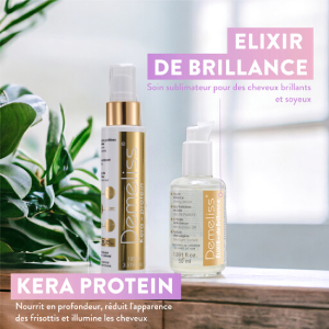 Le texte indique « ELIXIR DE BRILLANCE » et « KERA PROTEIN ». Les bouteilles de produits sont affichées sur une surface blanche avec une décoration végétale verte en arrière-plan.
