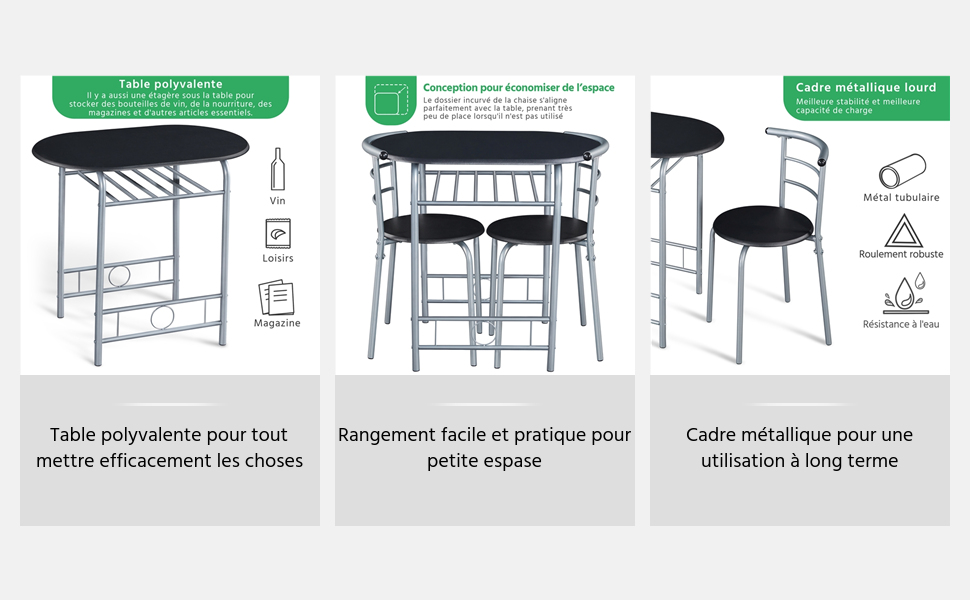 Trois vues d'un ensemble de salle à manger compact avec des sièges noirs, une structure en métal et une étagère de rangement en dessous. Le texte français décrit les fonctionnalités permettant d'économiser de l'espace