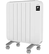 Radiateur électrique blanc présenté sous différents angles, doté de roues pour la mobilité et d'un design de panneau moderne.