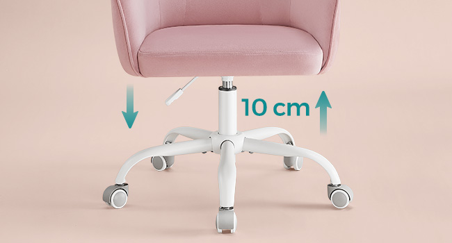 avec fonction de réglage de la hauteur. La base a un cadre et des roues blancs. Le graphique montre une plage de réglage de 10 cm.