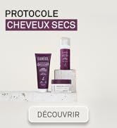 Le texte se lit comme suit : « PROTOCOLE CHEVEUX SECS » et « DÉCOUVRIR ». Présentoir de commercialisation des produits montrant l'emballage des produits de soins capillaires sur le thème du violet.