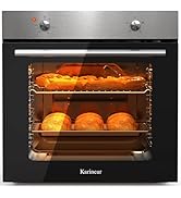 Four électrique encastré avec panneau de commande en acier inoxydable, porte vitrée et éclairage intérieur. Deux grilles visibles, la grille supérieure avec un gros pain, la partie inférieure avec trois pains ronds