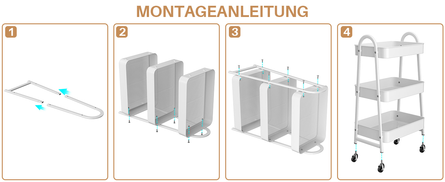 Le texte indique « MONTAGEANLEITUNG ». Schéma d'instructions de montage montrant les étapes séquentielles d'assemblage du mobilier ou de l'équipement, avec illustrations numérotées.