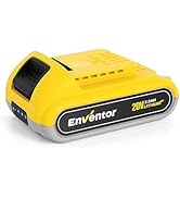 Le texte indique « EnVentor 20V ». Batterie jaune et noire pour outils électriques avec indicateur de charge LED et fentes de ventilation.