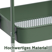 Chariot en métal vert avec étagère inférieure en filet et surface supérieure solide. Comprend une poignée verticale et des roulettes pour la mobilité. Le texte « Matériau de haute qualité » est visible