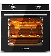 Four électrique encastré avec garniture en acier inoxydable et porte vitrée. L'intérieur montre deux étagères avec des produits de boulangerie. Le panneau de commande comporte deux cadrans. La marque Karinear est visible