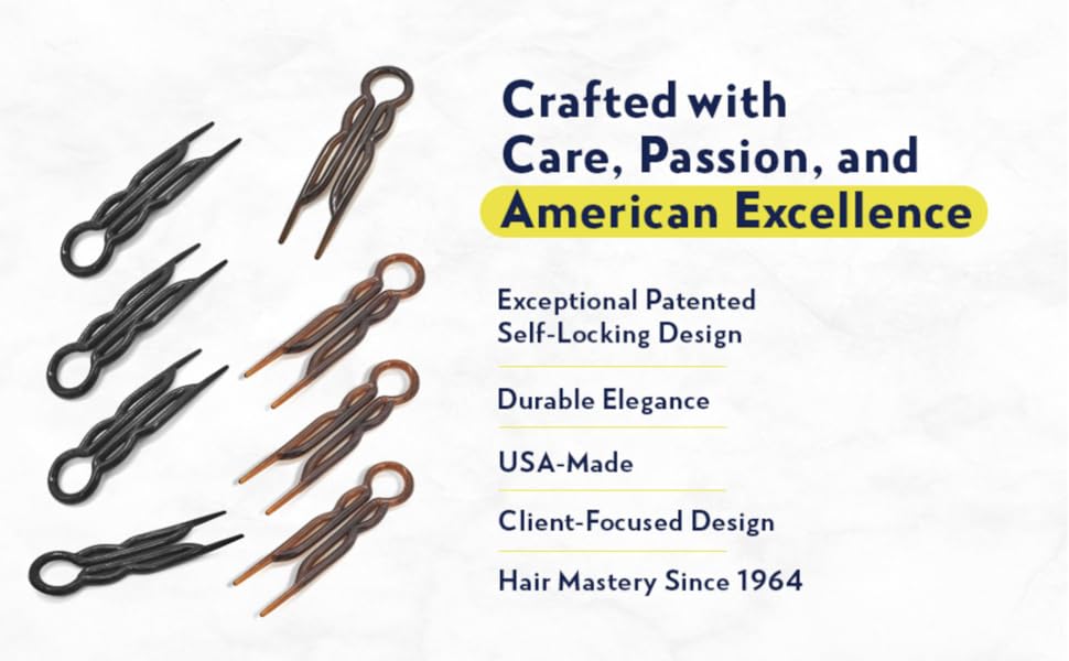 avec design autobloquant breveté. Les options en noir et en bronze sont présentées. Fabriqué aux États-Unis, durable et axé sur le client. Les caractéristiques incluent une expertise exceptionnelle en matière de design et de maîtrise de la coiffure depuis 1964.