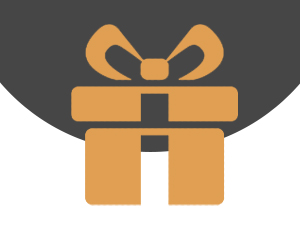 Simple icône orange représentant une boîte-cadeau emballée avec un nœud sur fond gris foncé, conçue dans un style plat minimal.