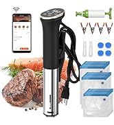 avec contrôle par application pour smartphone, circulateur à immersion cylindrique noir, scelleuse sous vide avec accessoires, notamment des sacs de rangement, des pinces et