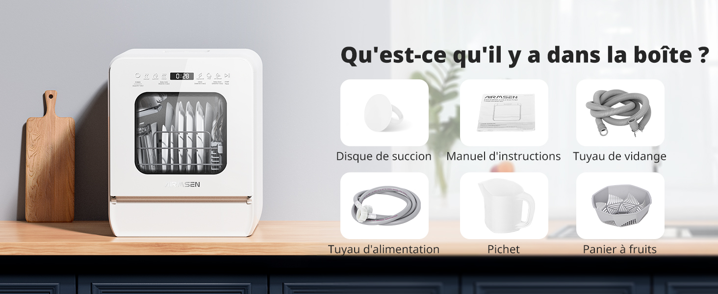 Lave-vaisselle de comptoir blanc avec texte en français. Les images adjacentes montrent le manuel d'instructions, le cordon d'alimentation et d'autres accessoires inclus dans l'emballage.
