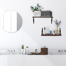 une salle de bain avec un miroir, une étagère, une plante et un miroir.