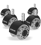 Ensemble de cinq roulettes pour chaises de bureau avec housses de protection noires. Marqué « COSYLAND » sur les couvertures. Les roues sont dotées d'une tige en métal argenté et d'une bande de roulement en polyuréthane gris