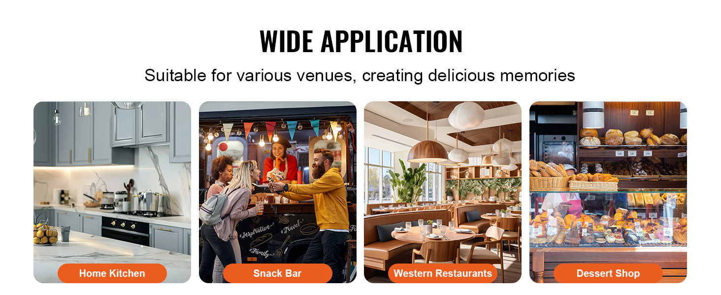Le texte indique « APPLICATION ÉTENDUE ». Série d'images de cuisines et de restaurants commerciaux montrant différents environnements de restauration.