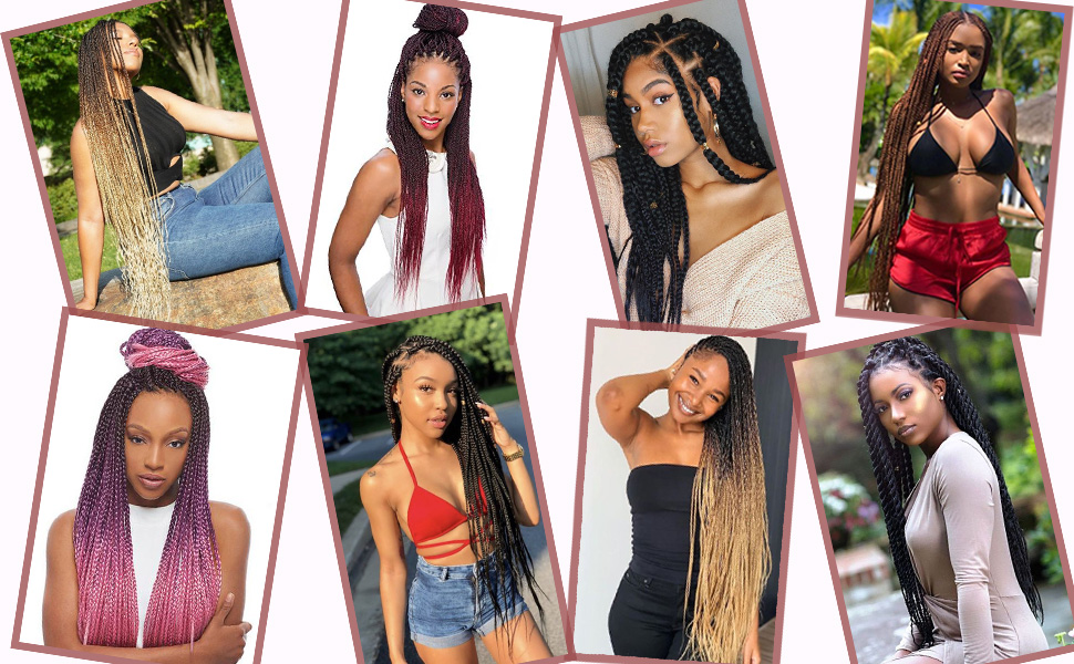 Collage de huit photos présentant différentes coiffures avec de longues tresses de différentes couleurs et styles sur