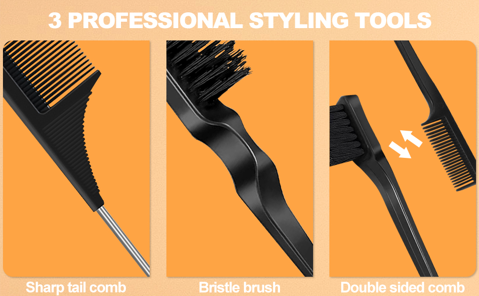 Ensemble de trois outils de coiffure noirs : peigne à queue pointue, brosse à poils et peigne double face. Outils de toilettage professionnels pour le soin et le coiffage des cheveux
