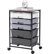 SYKIARIOL Chariot de rangement sur roues, chariot à roulettes avec 5 tiroirs, chariot polyvalent avec table en bois...