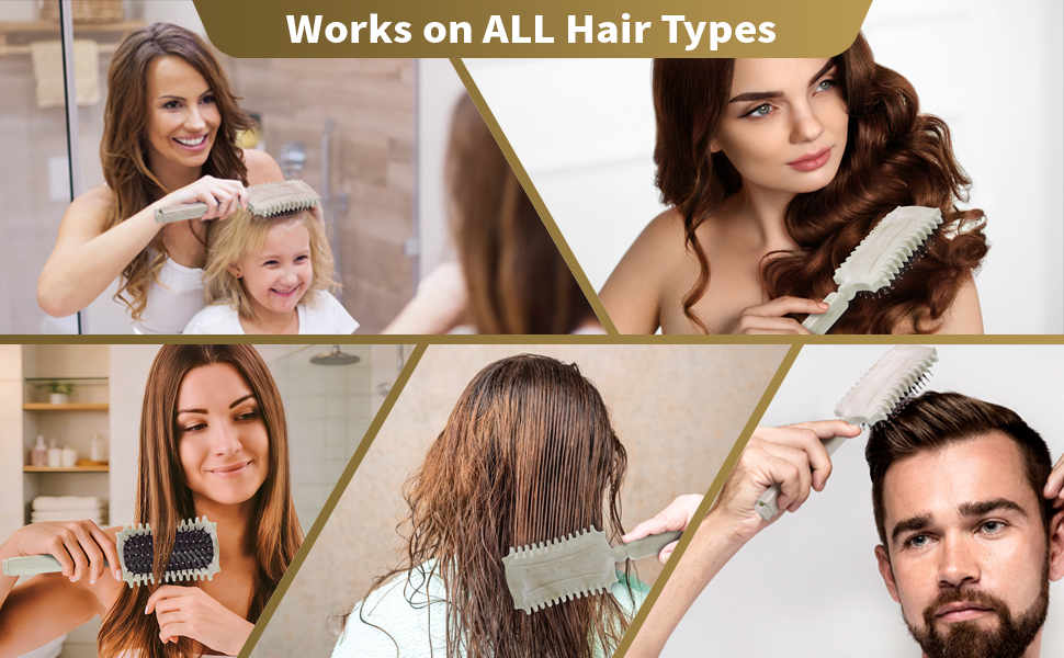 Le texte indique « Fonctionne sur TOUS les types de cheveux ». Collage montrant des démonstrations de coiffure sur différentes textures de cheveux, avec des outils de coiffage et des pinceaux utilisés.