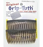 Texte : « The Original Grip-Tuth » « Fabriqué à la main aux États-Unis ». Peigne à cheveux à dents multiples en métal dans un emballage transparent avec des accents jaunes.